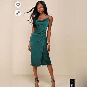 Lulus Forest Green Satin Midi Dress Small